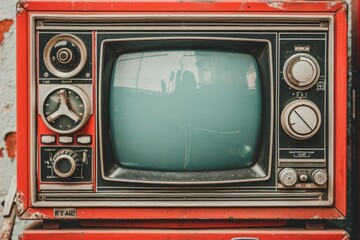 An old television is shown in front of a wall. Generative AI.