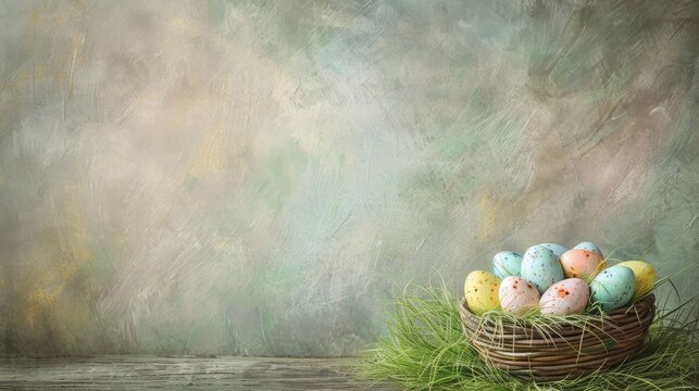 Rustic Easter Basket with Painted Eggs. A wicker basket filled with multicolored, speckled Easter eggs rests on a vintage wooden surface against an abstract textured background.