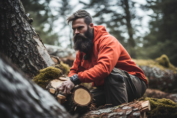Fototapeta premium Lumberjack cutting some wood in the woods with a saw, lumberjack, wood cutting