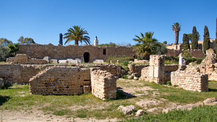 Ancient walls and foundations in the Roman Villas, part of the Carthaginian ruins in Tunis, Tunisia
