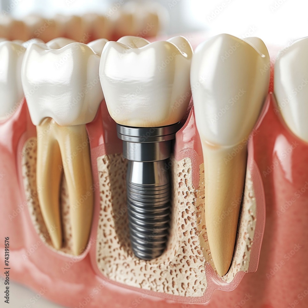 Wall mural Dental implant with tooth and implant. Generative AI.