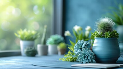 A blue vase with succulents and a notebook on a table. Generative AI.
