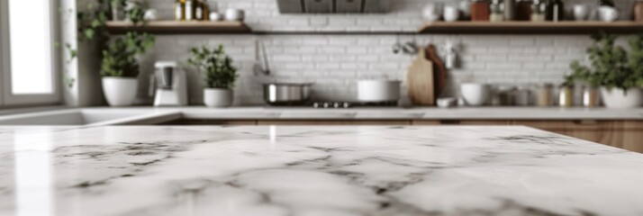 Modern Elegance: White Marble Kitchen Tabletop with Copy Space in Blurred Kitchen Background