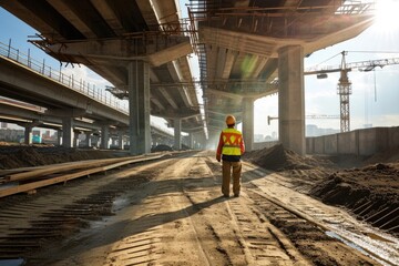 Dusk Twilight at Expressway Construction Site: Unidentified Worker Erection Girder for Bridge Structure