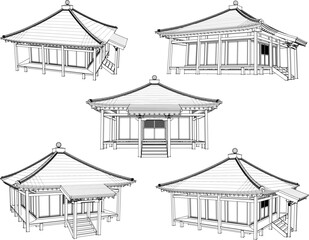 Vector sketch illustration of traditional Japanese ethnic sacred temple building construction design