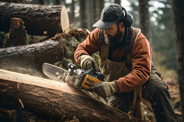 Lumberjack cutting some wood in the woods with a saw, lumberjack, wood cutting - obrazy, fototapety, plakaty