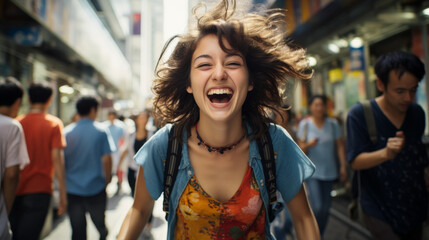 A happy young woman with a smile on the street of a big city