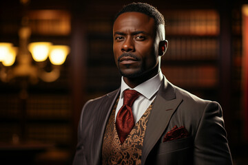 Stylish rich afro-american businessman poses in suit and tie