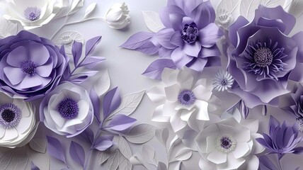 violet and white flowers crafted from paper, styled in detailed, layered compositions reminiscent of colorful woodcarvings, showcasing their delicate charm and artistic craftsmanship.