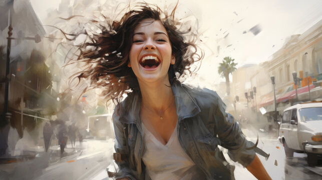 A happy young woman laughing on the street