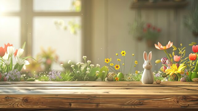 an empty wooden table background adorned with an Easter spring theme, With ample copy space, depict vibrant spring flowers, delicate pastel-colored Easter eggs.