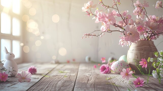 an empty wooden table background adorned with an Easter spring theme, With ample copy space, depict vibrant spring flowers, delicate pastel-colored Easter eggs.
