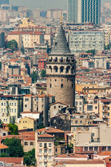 Fototapeta na wymiar Ancient Stone Tower in Istanbul, Byzantine Architecture Amidst Urban Cityscape, Famous Galata Landmark