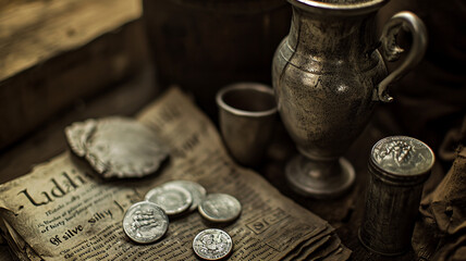 30 pieces of silver - a payment to Judas Iscariot from the Jewish chief priests for betraying Jesus Christ, Bible, religion catholic Christianity, Israel history. - obrazy, fototapety, plakaty