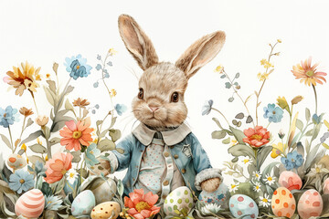 Whimsical Easter Bunny in Jacket with Spring Flowers and Decorated Eggs
