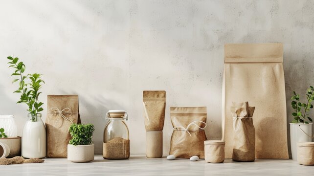 eco-friendly packaging mock-ups featuring natural materials, the earthy textures and organic elements of the packaging design, conveying a commitment to sustainability.