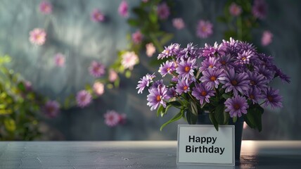 a bouquet of vibrant purple flowers displayed on a table, a card bearing the text Happy Birthday and a decorative garland adorning the grey wall behind, evoking feelings of joy and celebration.