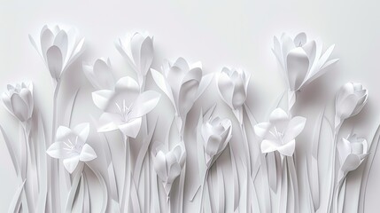 minimalistic abstract white paper flowers crocus against a pristine white background, the delicate intricacies of the paper blooms, evoking a sense of purity and simplicity in floral artistry.