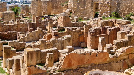Stone walls and foundations in the Carthaginian ruins in Tunis, Tunisia