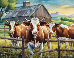 Barnyard cows breaking through a fence, illustration.