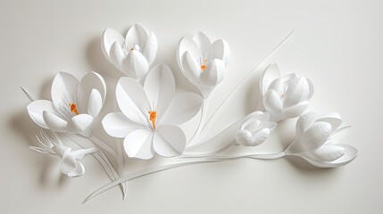 minimalistic abstract white paper flowers crocus against a pristine white background, the delicate intricacies of the paper blooms, evoking a sense of purity and simplicity in floral artistry.