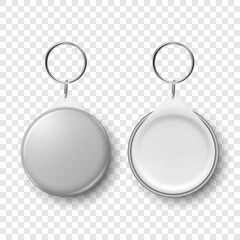 Vector 3d Realistic Grey Blank Round Button Badge with Ring Holder Closeup, Isolated. ID Badge Design Template, Mockup. Design Template for Access Pass, Identification, Events. Front, Back Side View