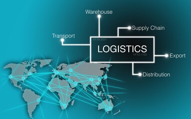 Logistics concept in front of a dark blue gradient and a world map, warehouse, transport,...