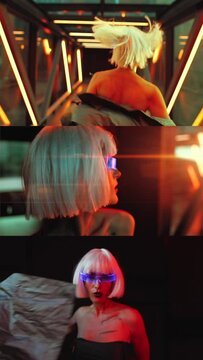 Collage with a woman in neon glasses in cyberpunk style.