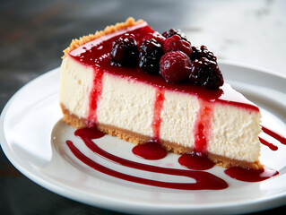 Professional food photography of an elegant cheesecake slice, with a drizzle of berry compote. 