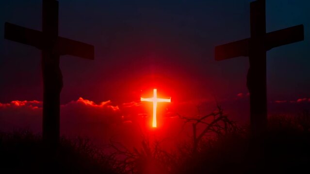 Shining cross of Christ saving sinnes from the darkness. Concept of salvation, resurrection and forgiveness. The two sinners are leaning forward to the saving light, aspiring for salvation.