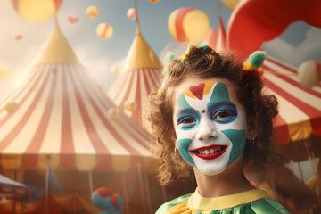 Happy child clown on background stripes tent of circus. Show and childish entertainment. Circus canopy performance. Girl character in clown makeup. Funny clown on holiday - obrazy, fototapety, plakaty