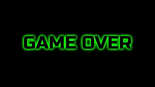 Game over text animation. Green neon game over text with glitch transition effect. 4K video