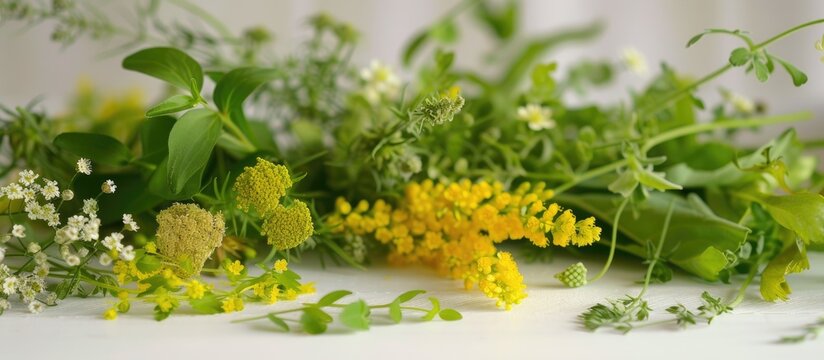A variety of flowers, including Galium verum and Hypericum, are displayed on a white table. These herbs are commonly used in alternative medicine for their healing properties.