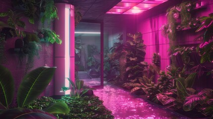 a residential building lobby, with hydroponic crops that grow on the walls. There is a pink led light atmosphere - obrazy, fototapety, plakaty
