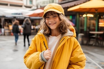 Portrait of a smiling young girl in a yellow jacket on the street