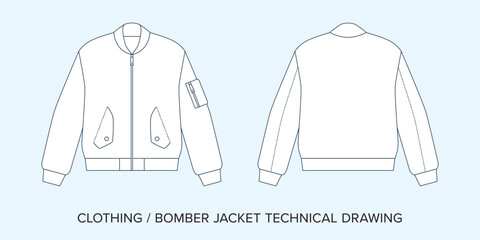 Blank Bomber Jacket Technical Drawing, Apparel Blueprint for Fashion Designers. Detailed Editable Vector Illustration, Black and White Clothing Schematics, Isolated Background. 
