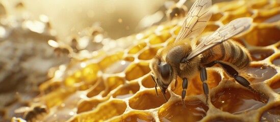 A close up of a bee busily collecting nectar on a honeycomb, showing intricate details of the insect and the hexagonal cells of the comb. - obrazy, fototapety, plakaty