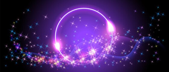 Fantastic background with neon glowing round frame and shiny light space portal into another dimension. Night glowing stars. - obrazy, fototapety, plakaty