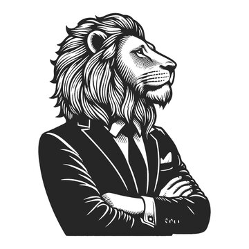 Lion businessman old fashioned gentleman sketch engraving generative ai fictional character vector illustration. Scratch board imitation. Black and white image.