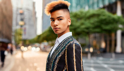 Handsome Nonbinary. Side view of self assured young androgynous male with short dyed hair in stylish clothing standing on street and looking at camera with confidence.  eminine facial features - obrazy, fototapety, plakaty