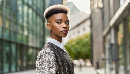 Handsome Nonbinary. Side view of self assured young androgynous male with short dyed hair in stylish clothing standing on street and looking at camera with confidence.  eminine facial features