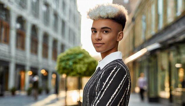 Handsome Nonbinary. Side view of self assured young androgynous male with short dyed hair in stylish clothing standing on street and looking at camera with confidence.  eminine facial features
