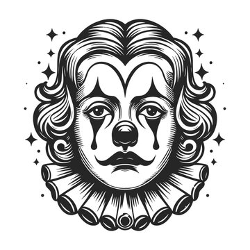 Face of sad crying circus clown in makeup sketch engraving generative ai fictional character vector illustration. Scratch board imitation. Black and white image.
