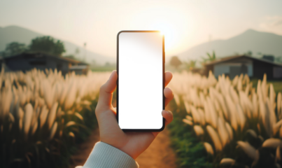 A hand is holding a mobile phone, the screen of the mobile phone is blurred garden view on isolated background. sunlight