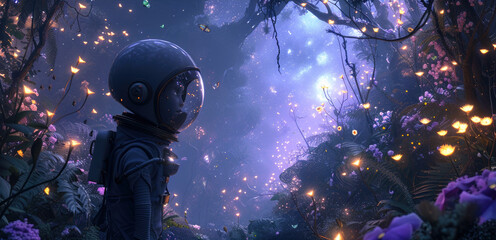 Child astronaut in fairy tale forest on alien planet, kid in spacesuit walks in neon wonderland. Magical garden with lights. Concept of travel, nature, space, adventure