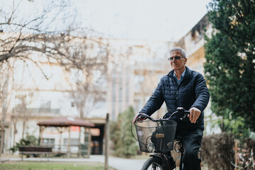 An active elderly male riding a bicycle in a serene park. He is casually dressed, suggesting a...