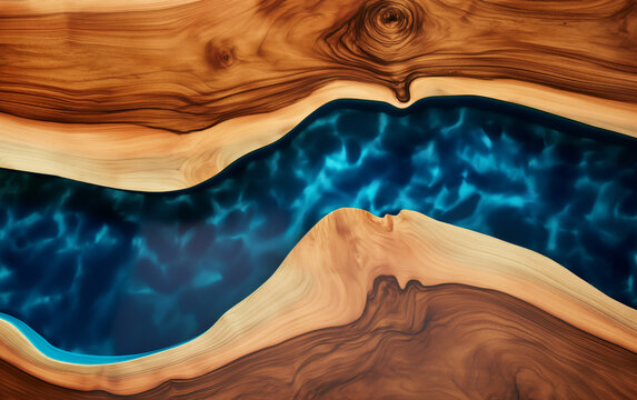 Abstract topographic contours natural wood table texture with a winding blue epoxy resin river running through the center of it	