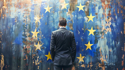 A man in suit standing in front of a shabby European Union flag with his back to the camera. Political banner for eurozone policy economy perspectives challenges