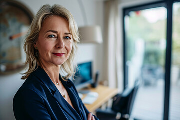successful mature woman businesswoman at home, smiling looking at the camera, business concept, success