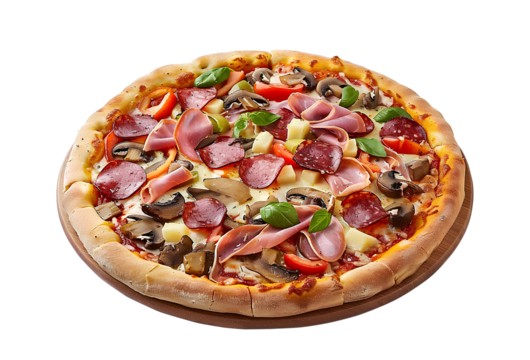 Pizza with mushrooms, salami and vegetables isolated on white background.